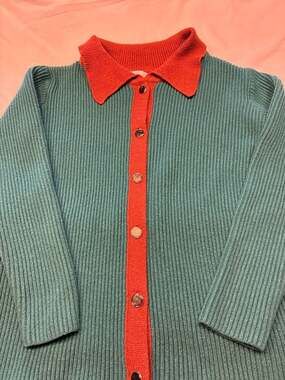 OXKNITSTORE Two-Tone Ribbed Knit Collared Cardigan Teal Red Size M